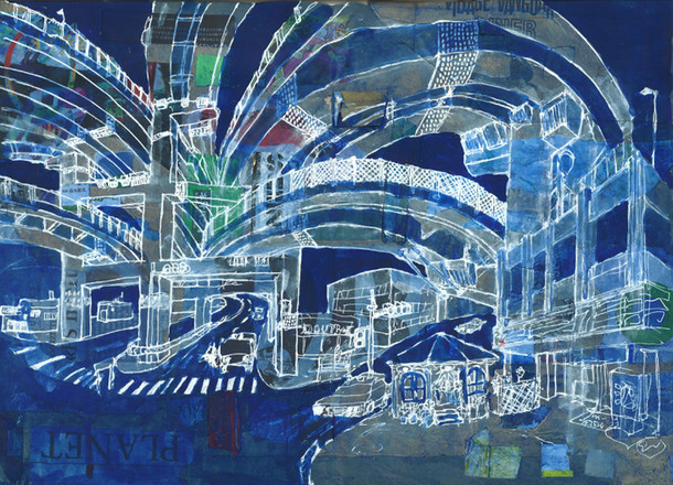 「THE SUPERFLUOUS CITY 座二郎の第9都市」第1回で座二郎が描いた「高速道路の神話と花屋」。