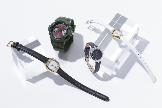 「刀剣乱舞-ONLINE-」コラボ腕時計の第6弾。左から歌仙兼定モデル、御手杵モデル、薬研藤四郎モデル、太鼓鐘貞宗モデル。