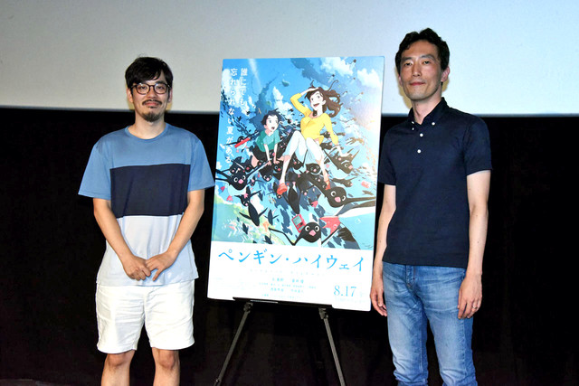 劇場アニメ「ペンギン・ハイウェイ」のティーチイン付き上映会の様子。左から監督の石田祐康、原作者の森見登美彦。